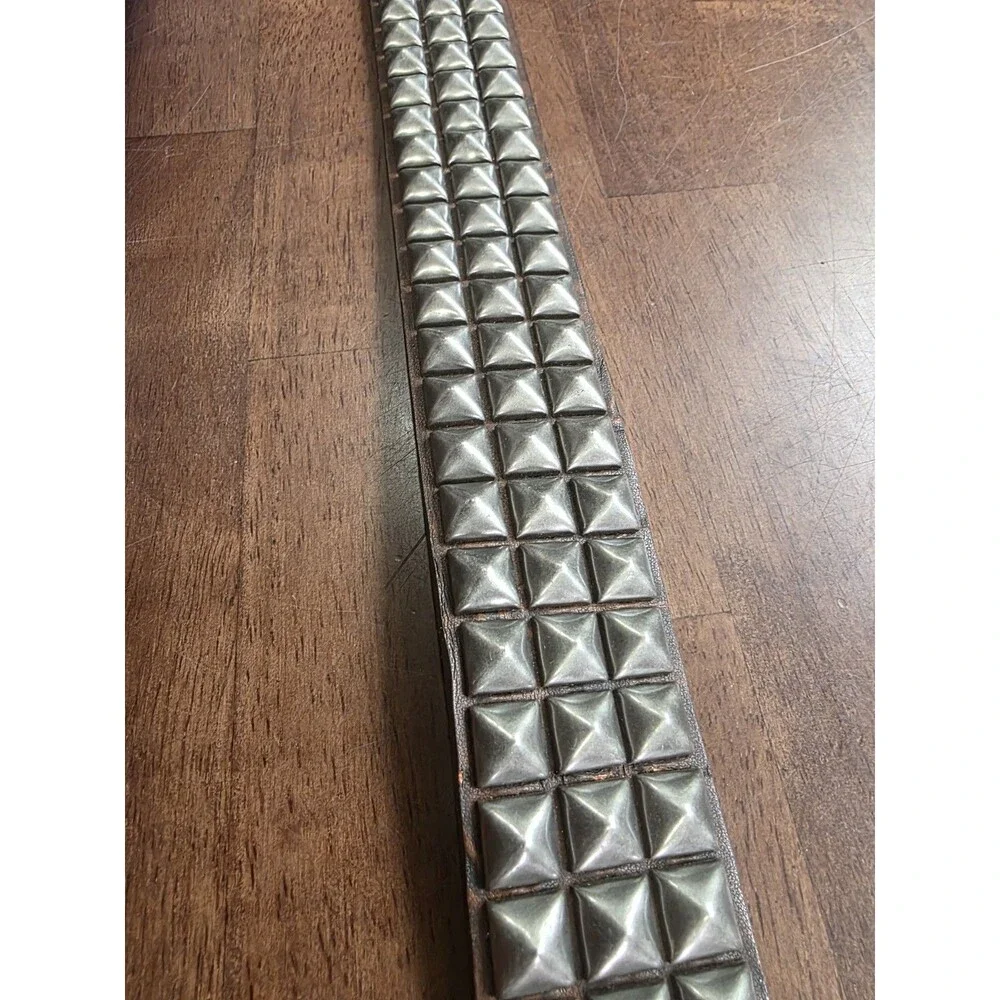 Distressed Brown Faux Leather 3-Row Silver Pyramid Studded Punk Belt